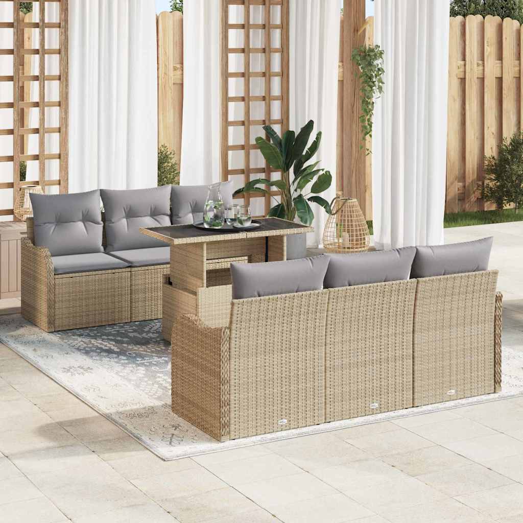 Gartensofa-set mit Kissen mit Speicher 7 pcs Beige Poly Rattan