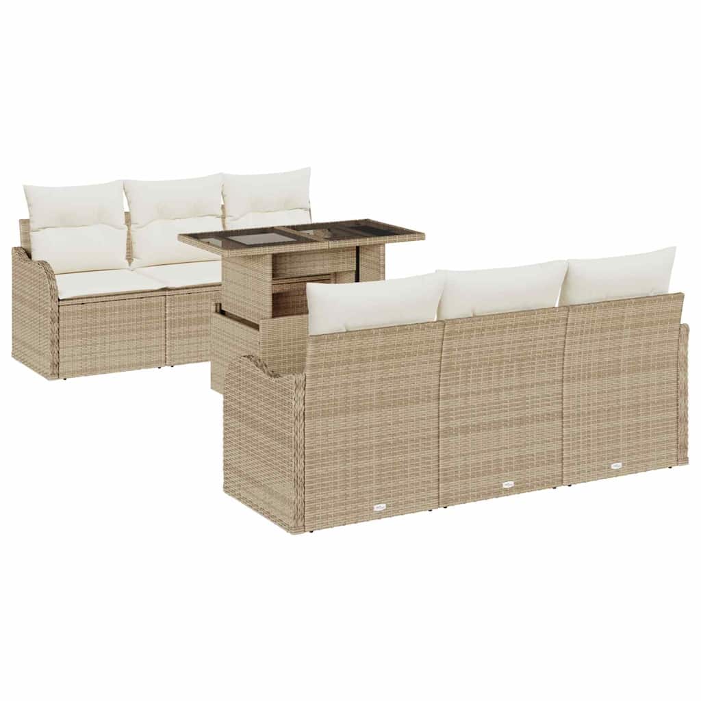 Gartensofa-set mit Kissen mit Speicher 7 pcs Beige Poly Rattan