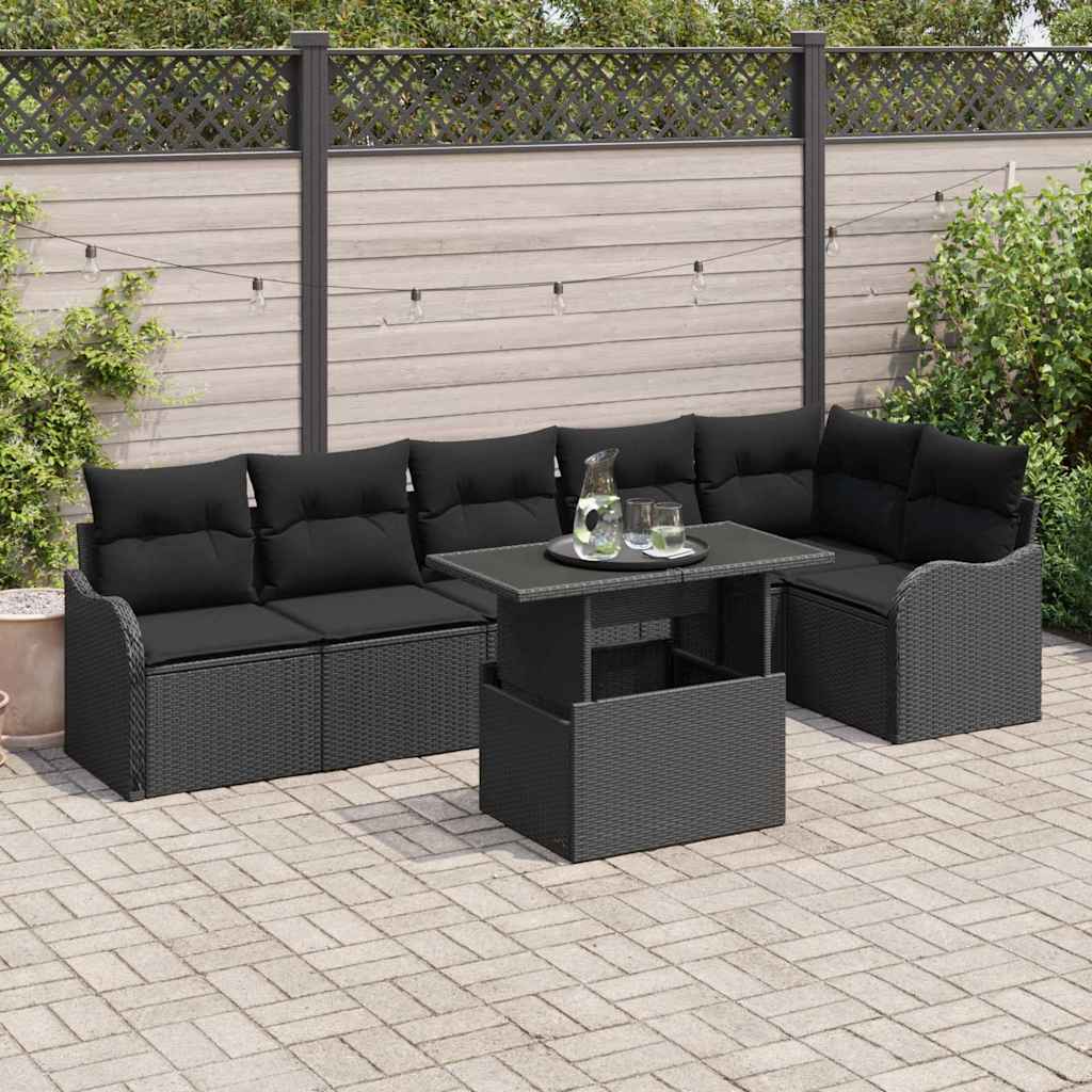 Gartensofa-set mit Kissen mit Kissen 7 pcs Schwarz Poly Rattan
