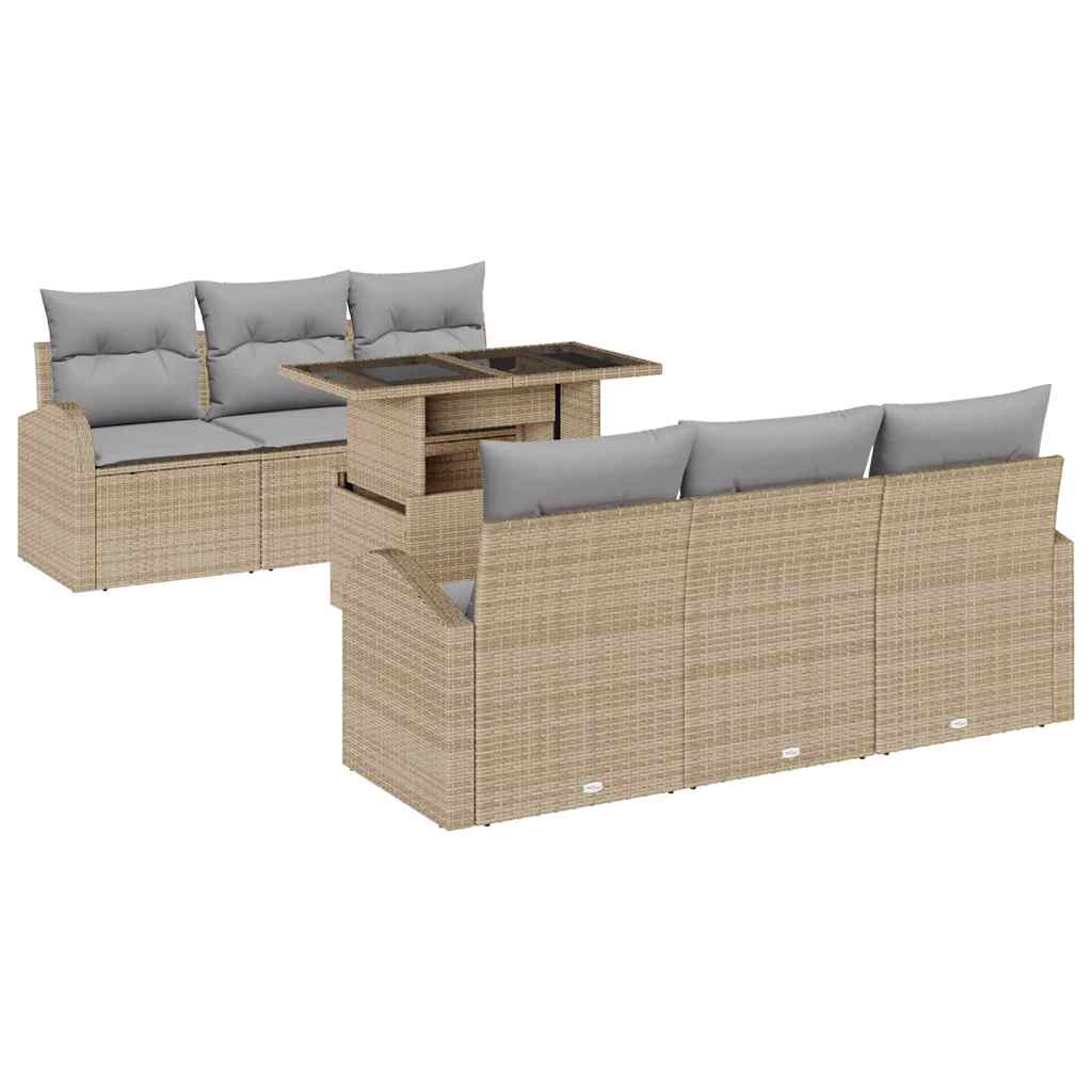 Gartensofa-set mit Kissen mit Speicher 7 pcs Beige Poly Rattan