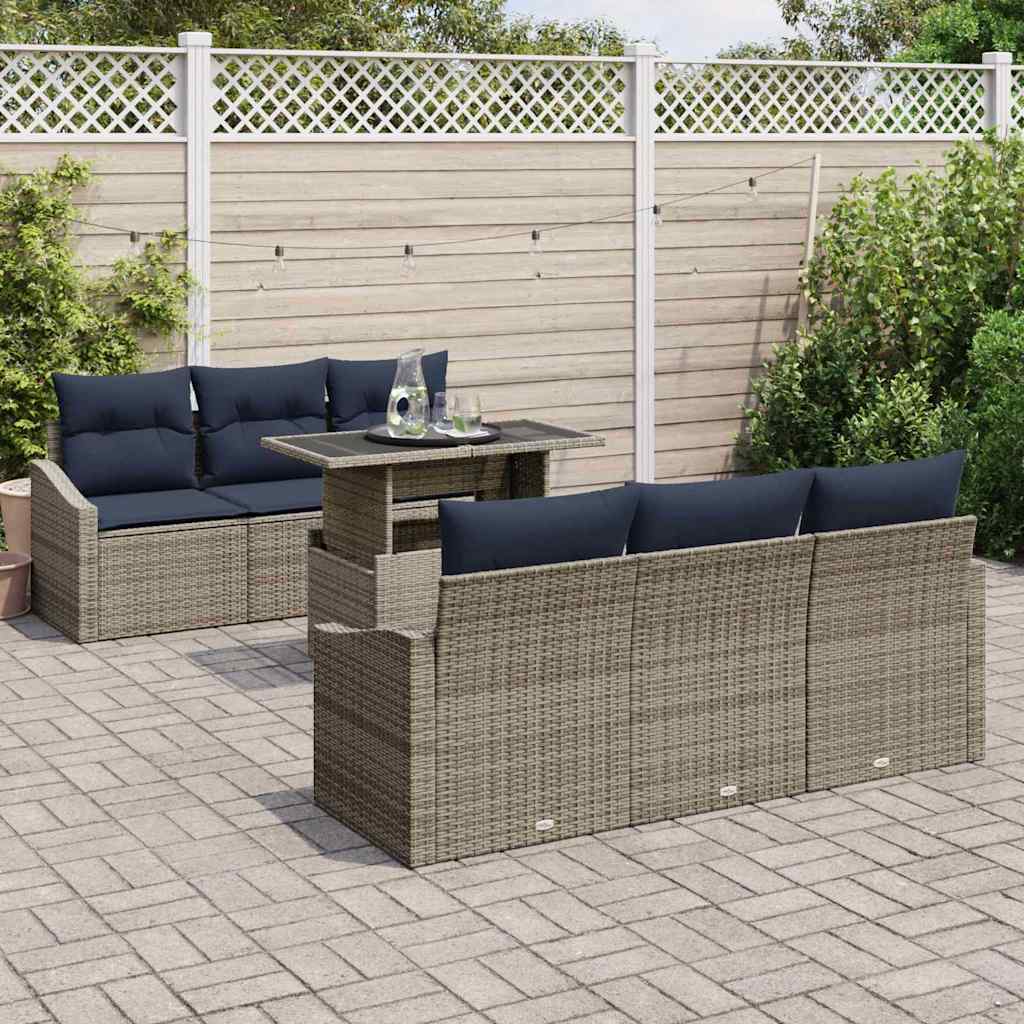 Garten-Sofa-Set mit Kissen mit Speicher 7 pcs Grau Poly-Rattan