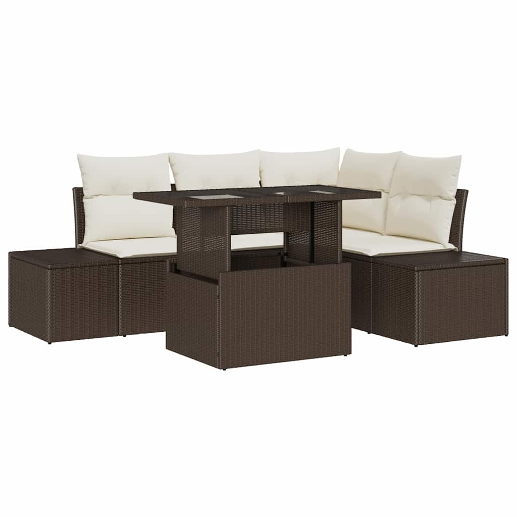 Gartensofa-set mit Kissen mit Speicher 5 pcs Braun Poly-Rattan
