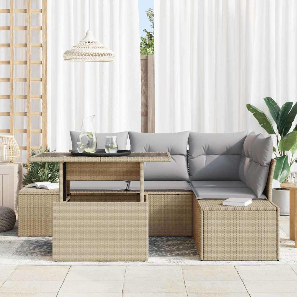 Gartensofa-set mit Kissen mit Speicher 5 pcs Beige Poly-Rattan