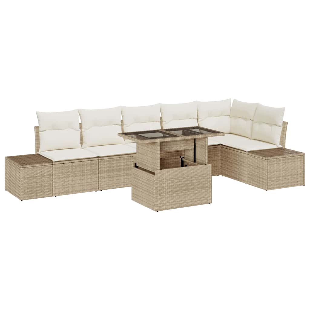 Garten-Sofa-Set mit Speicher 7 pcs Beige Poly Rattan