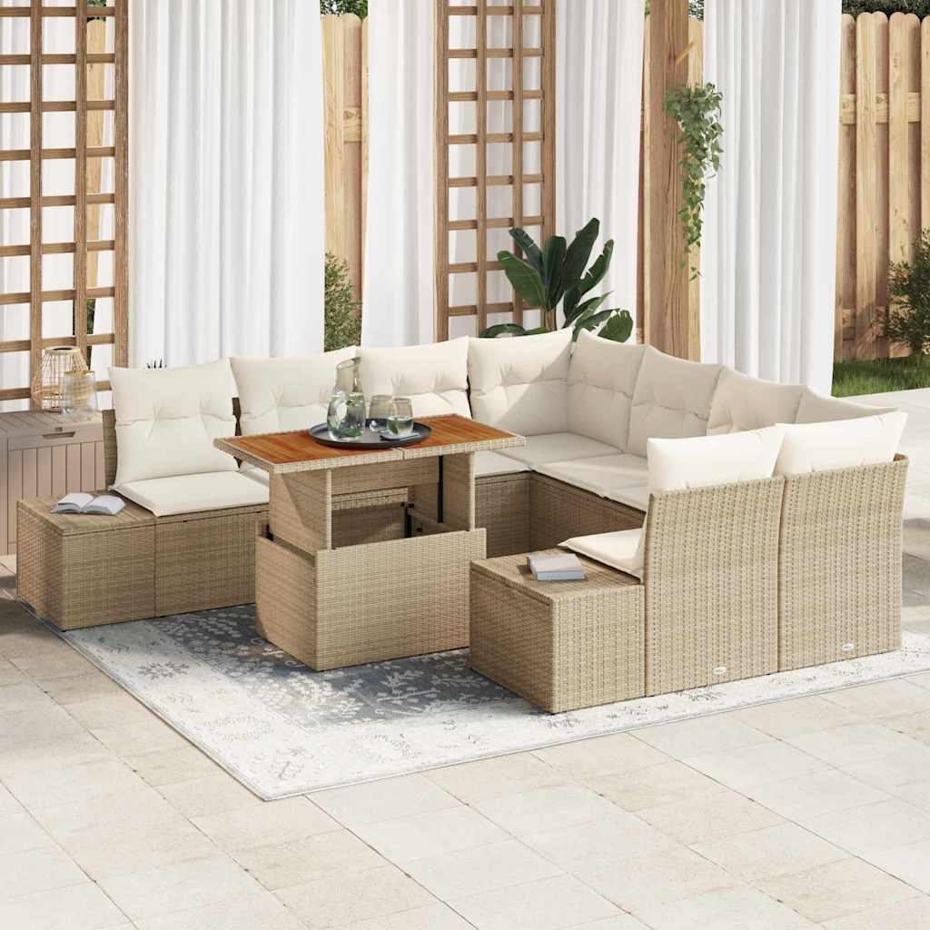 Garten-Sofa-Set mit Speicher 9 pcs Beige Poly Rattan