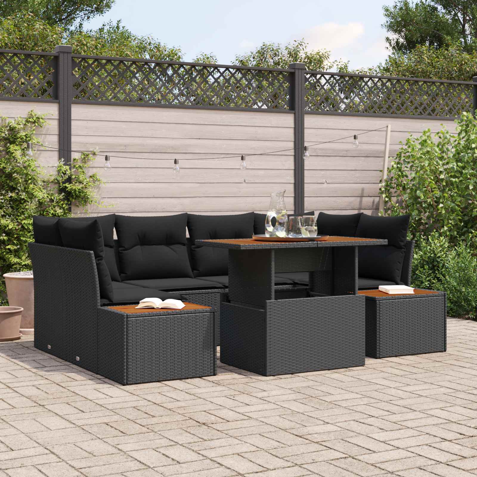 Garten-Sofa-Set mit Speicher 7 pcs Schwarz Poly Rattan