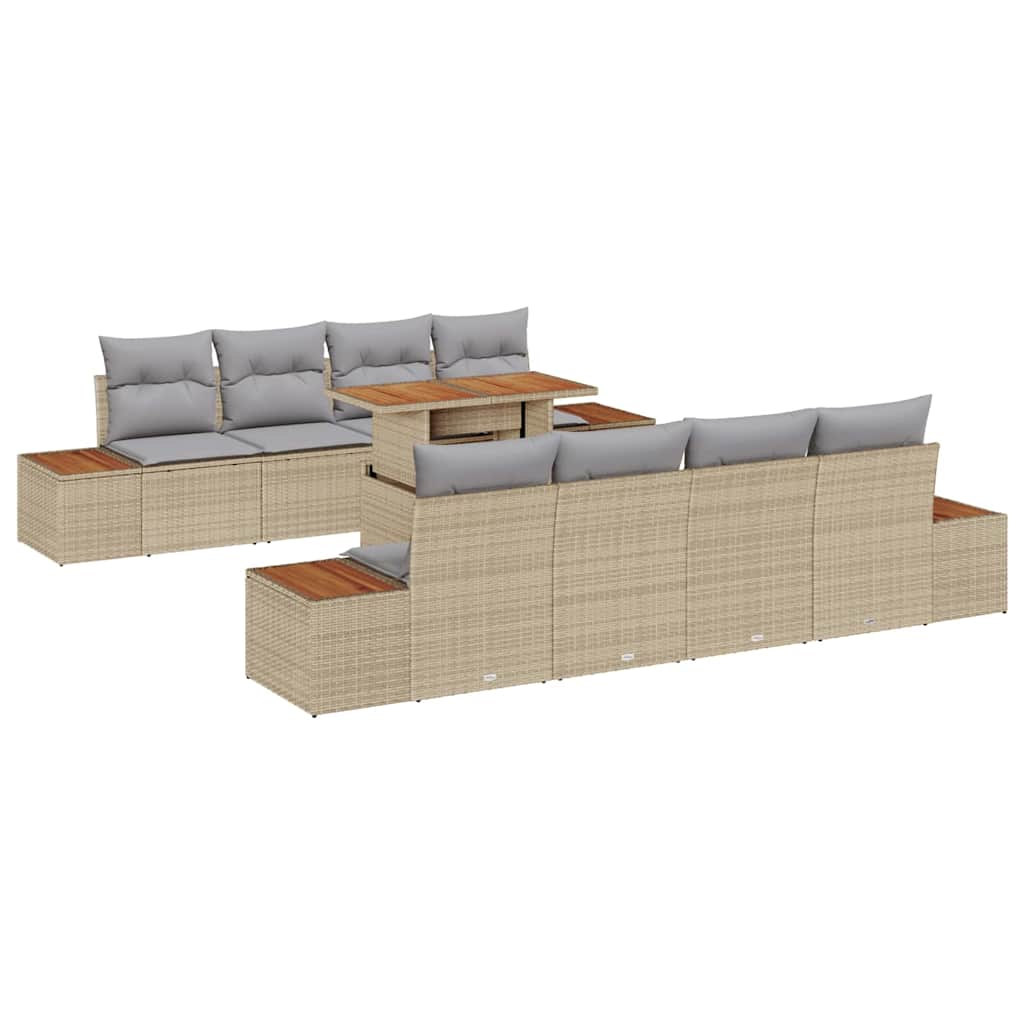 Garten-Sofa-Set mit Kissen mit Speicher 9 pcs Beige Poly Rattan