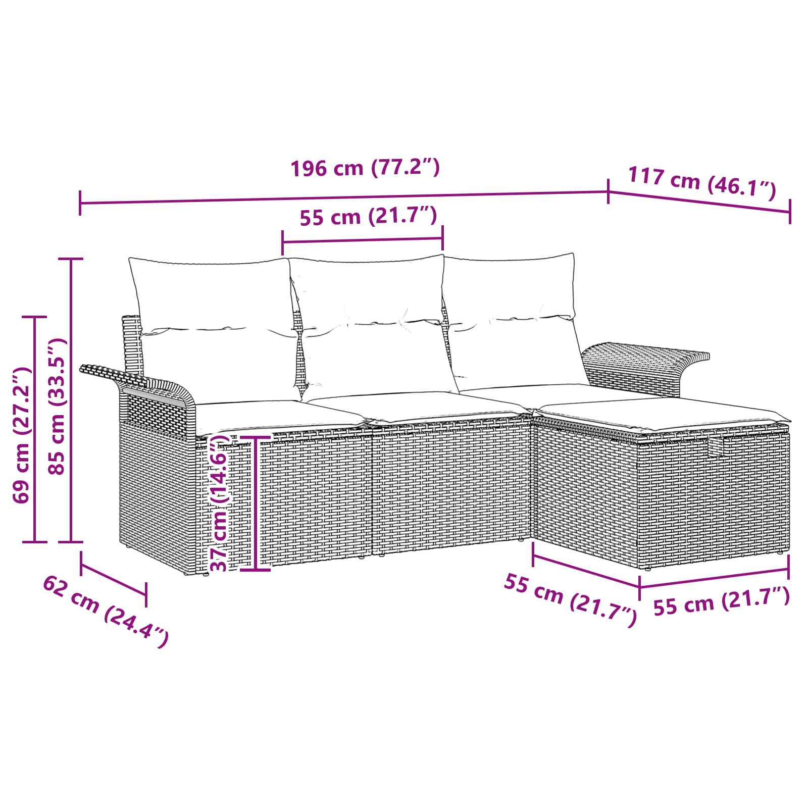 Gartensofa-set mit Kissen 4 pcs Grau und Marineblau Poly-Rattan