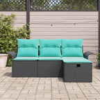 Gartensofa-set mit Kissen 4 pcs Schwarz und Türkis Poly-Rattan