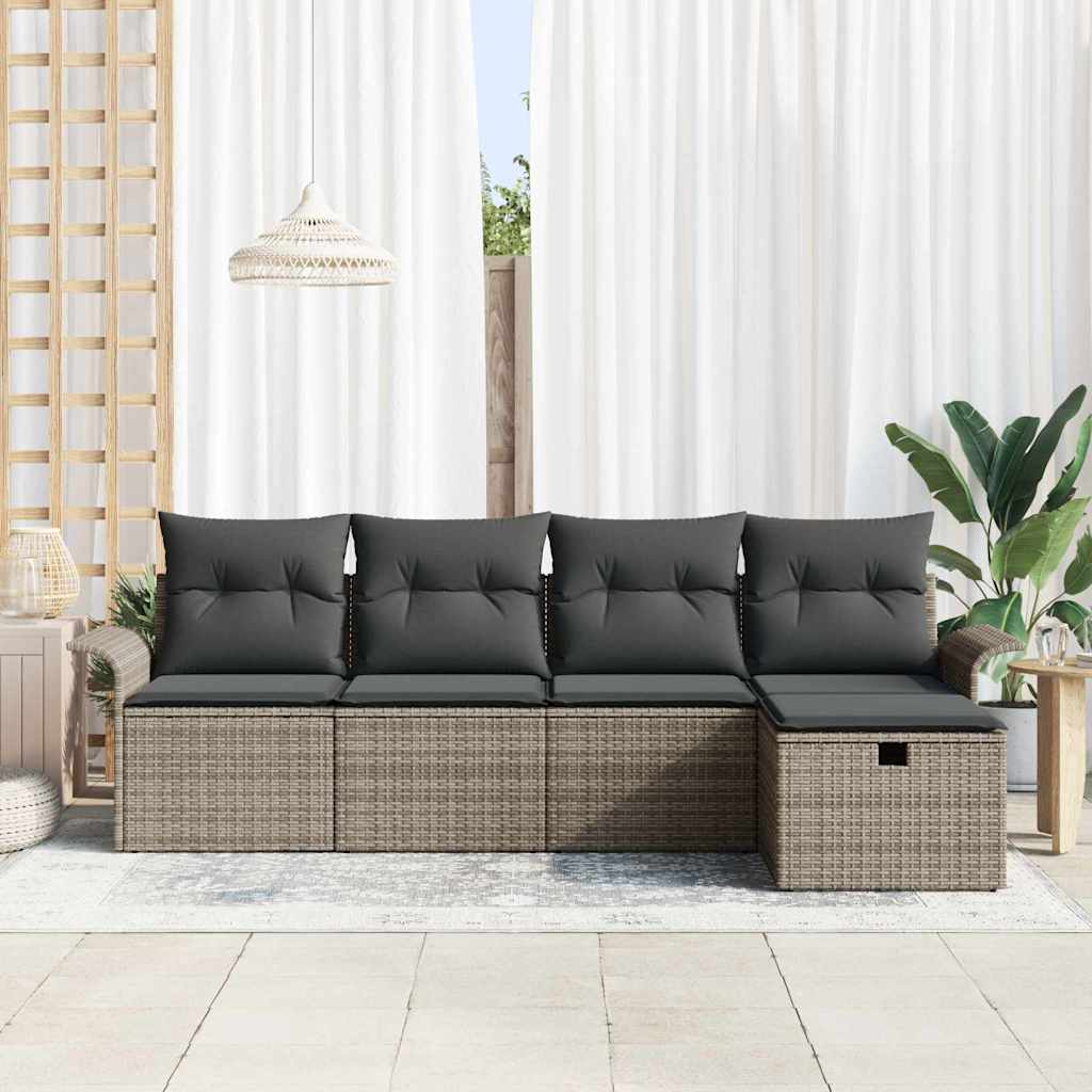 Gartensofa-set mit Kissen mit Speicher 5 pcs Grau Poly-Rattan