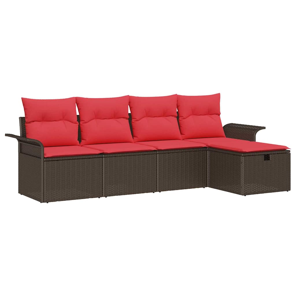 Gartensofa-set mit Kissen 5 pcs Braun und Rot Poly-Rattan