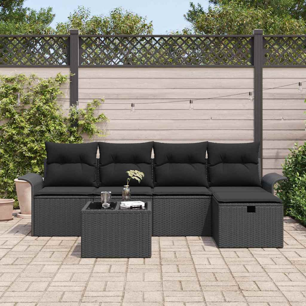 Gartensofa-set mit Kissen 6 pcs Schwarz Poly-Rattan