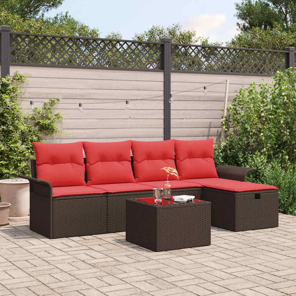 Gartensofa-set mit Kissen 6 pcs Braun und Rot Poly-Rattan