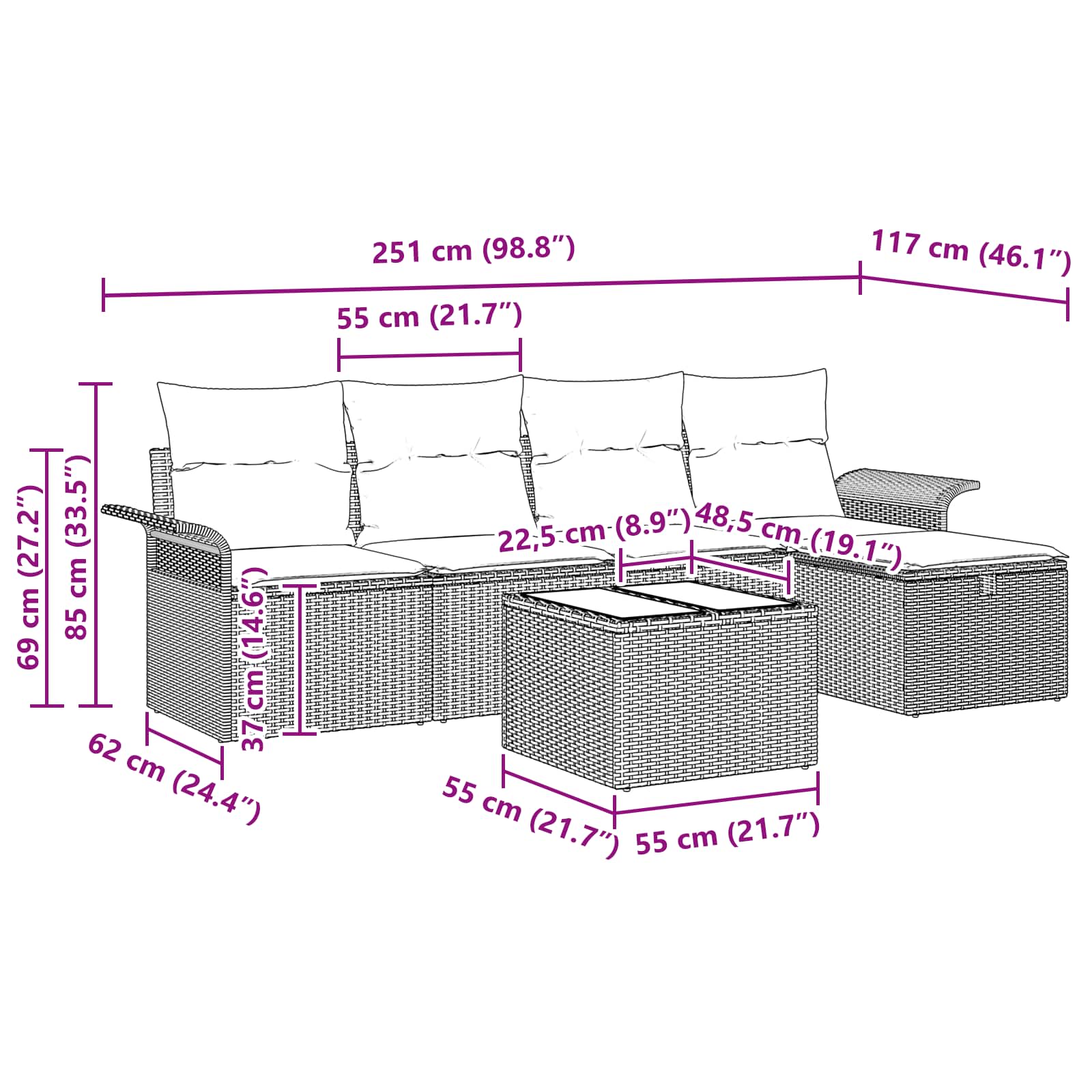 Gartensofa-set mit Kissen 6 pcs Braun und Rot Poly-Rattan
