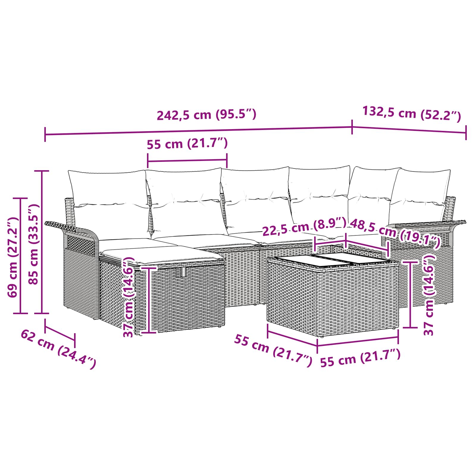 Gartensofa-set mit Kissen 7 pcs Grau und Marineblau Poly-Rattan