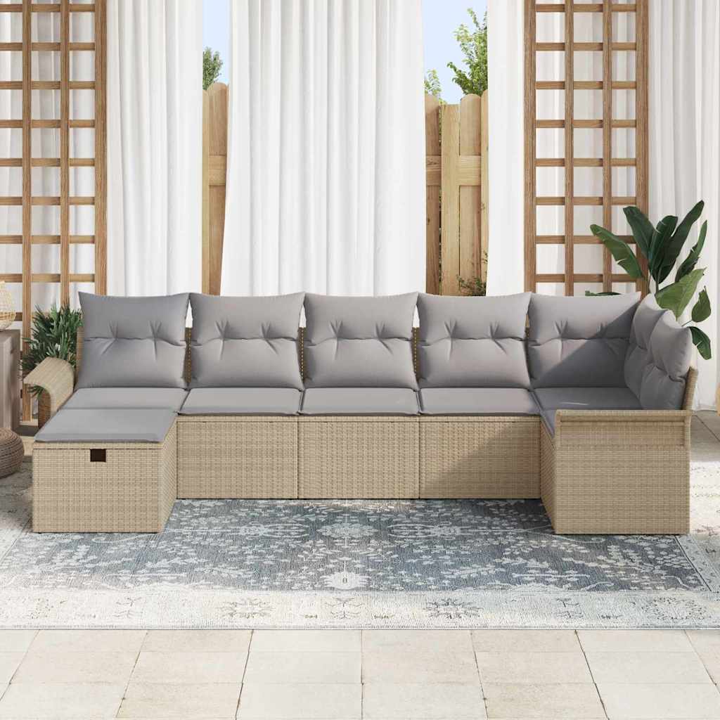 Gartensofa-set mit Kissen 7 pcs Beige und Hellgrau Poly-Rattan