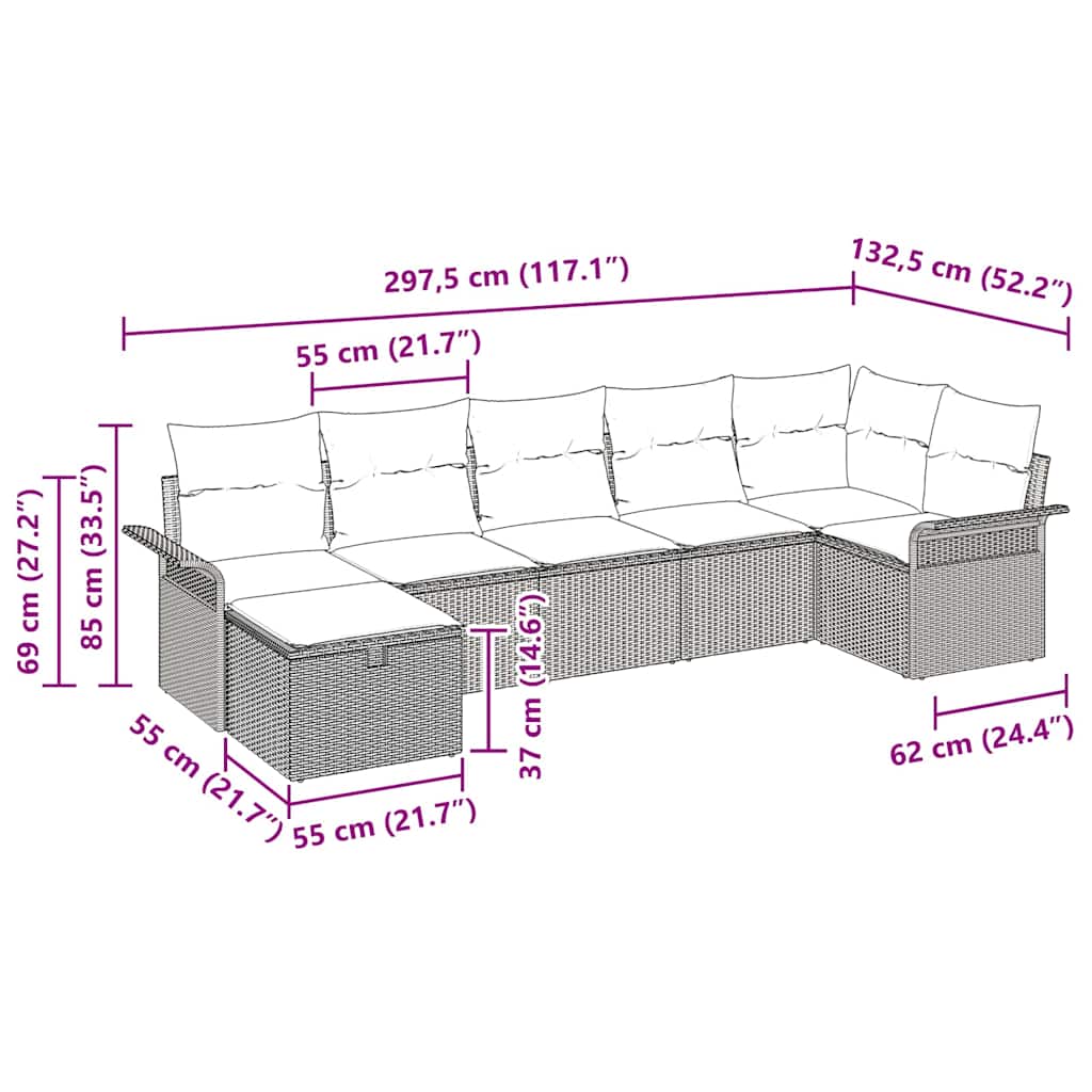 Gartensofa-set mit Kissen 7 pcs Beige und Creme Poly-Rattan