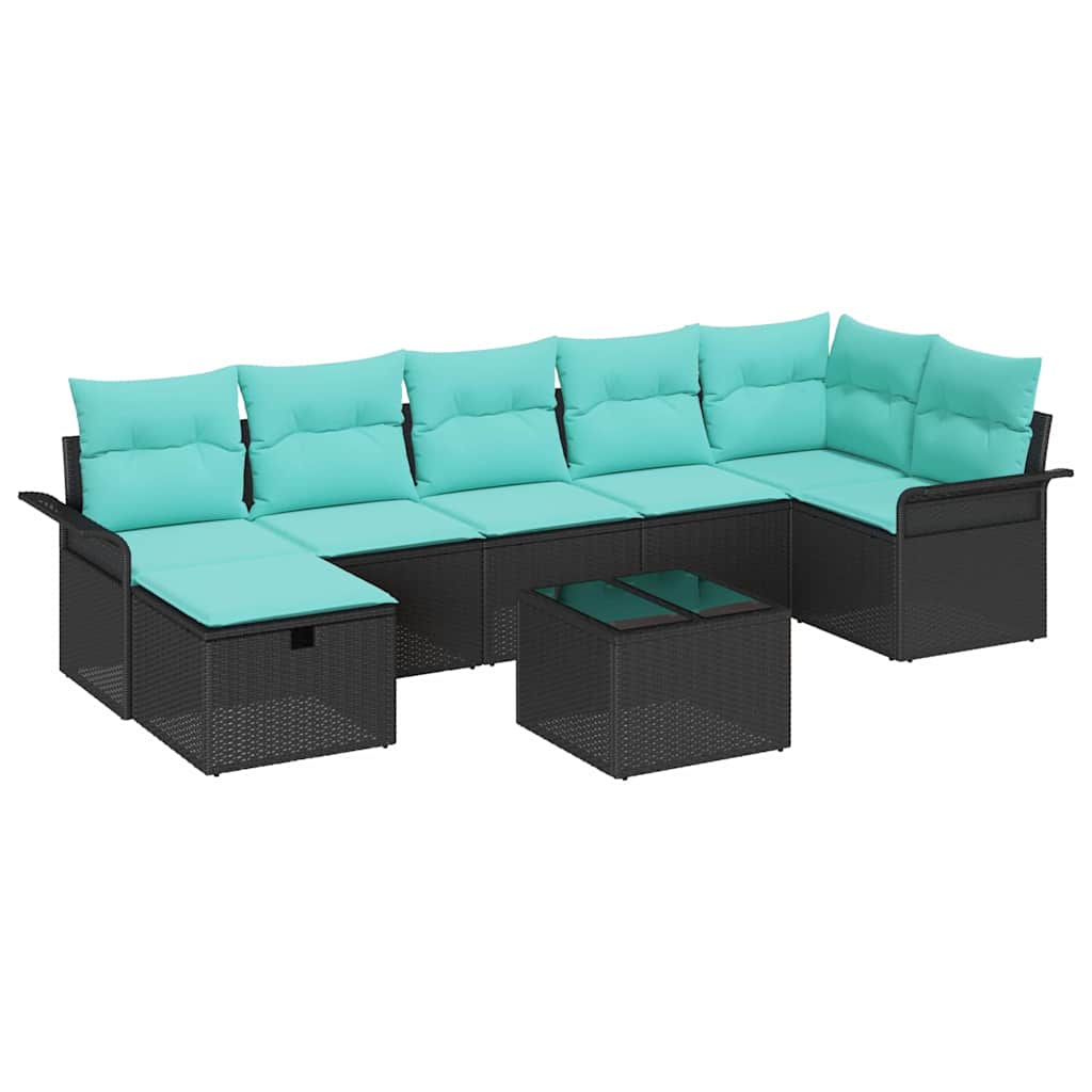 Gartensofa-set mit Kissen 8 pcs Schwarz und Türkis Poly-Rattan