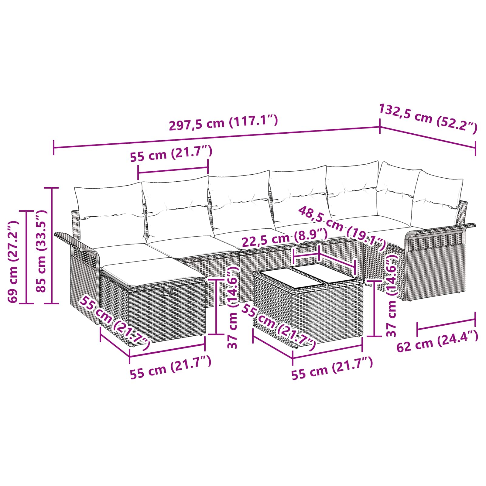 Gartensofa-set mit Kissen 8 pcs Schwarz und Türkis Poly-Rattan