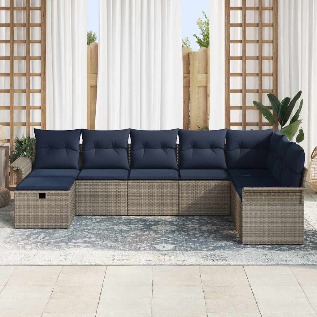 Gartensofa-set mit Kissen 8 pcs Grau und Marineblau Poly-Rattan