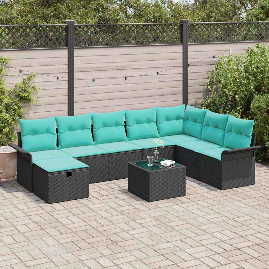 Gartensofa-set mit Kissen 9 pcs Schwarz und Türkis Poly-Rattan