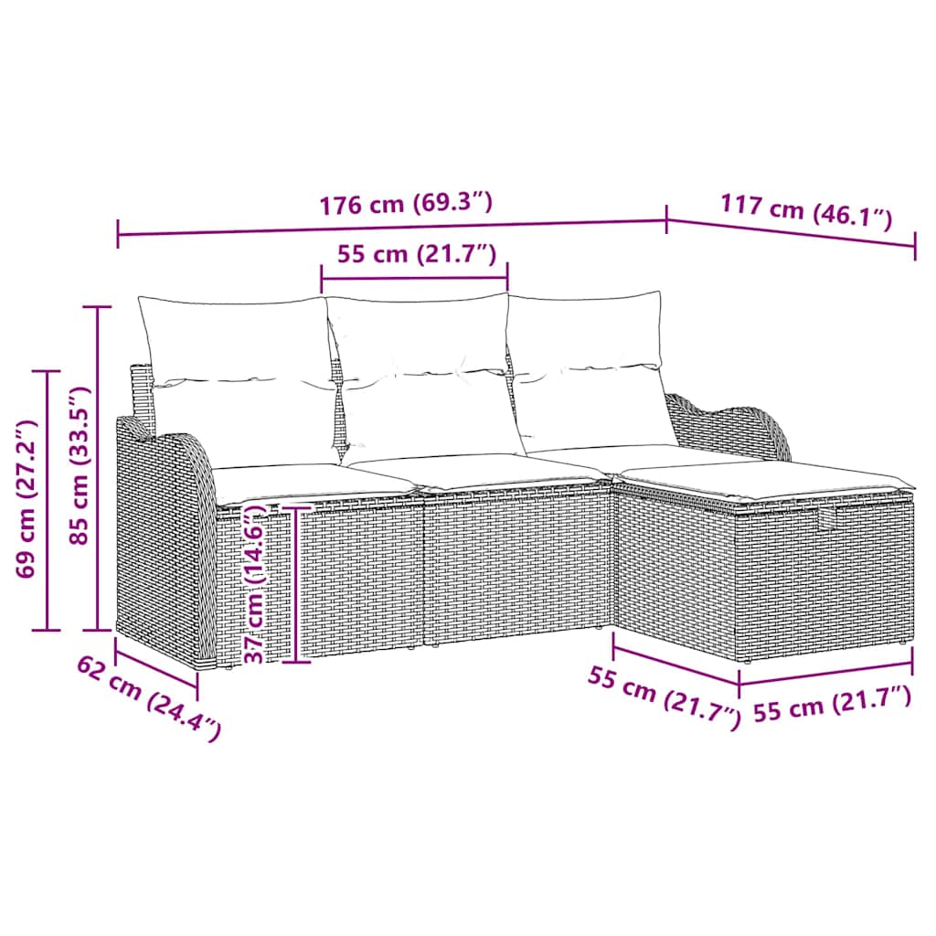 Gartensofa-set mit Kissen 4 pcs Schwarz Poly-Rattan