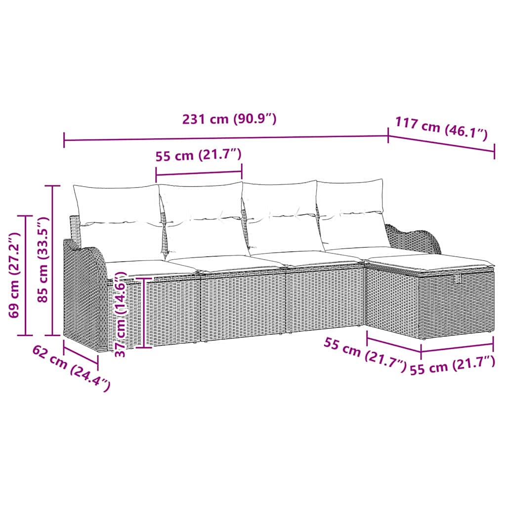 Garten-Sofa-Set mit Kissen 5 pcs Schwarz Poly Rattan
