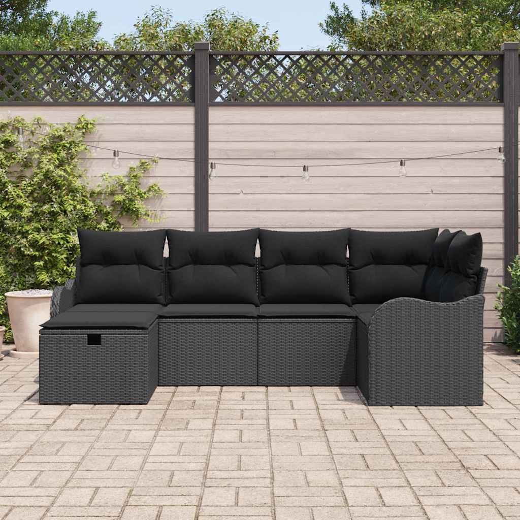 Garten-Sofa-Set mit Kissen 6 pcs Schwarz Poly Rattan