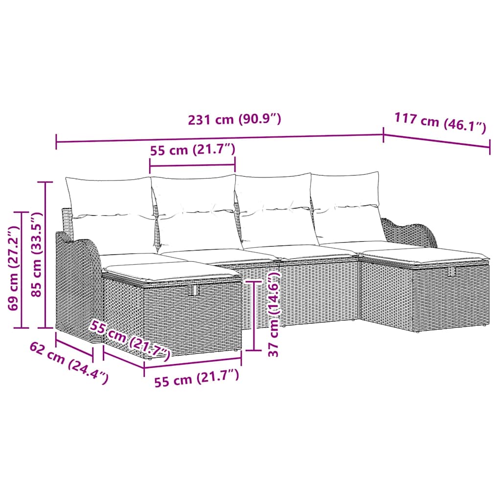 Sofa Set mit Kissen mit Speicher 6 pcs Schwarz Poly-Rattan