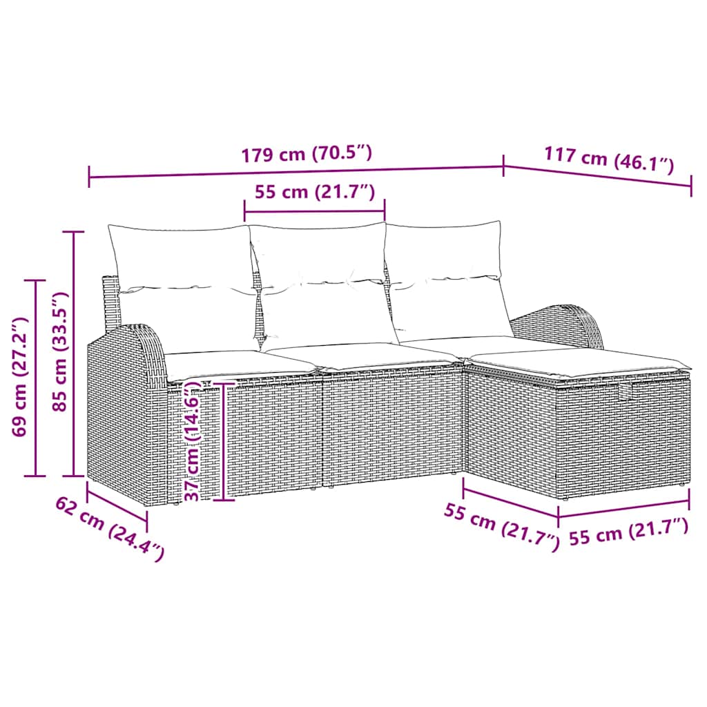 Sofa Set mit Kissen mit Speicher 4 pcs Grau Poly-Rattan
