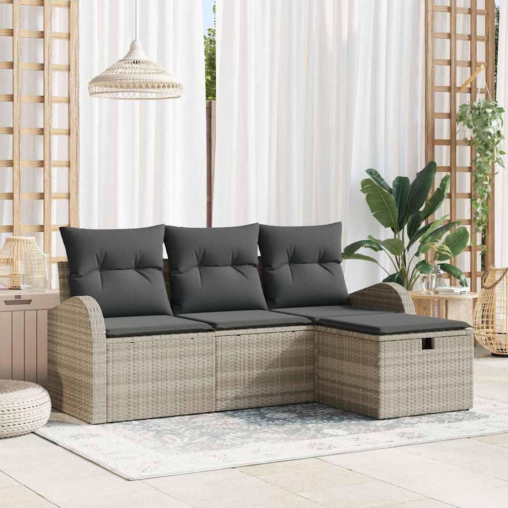 Sofa Set mit Kissen mit Speicher 4 pcs Hellgrau Poly-Rattan