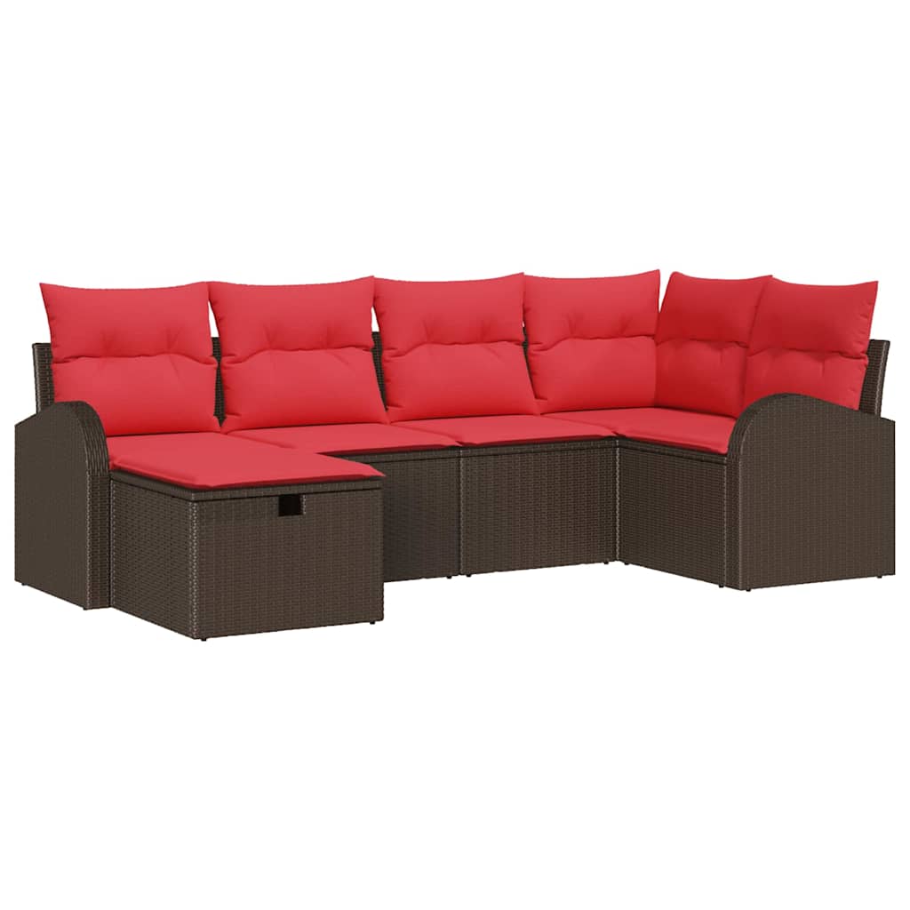 Sofa Set mit Kissen 6 pcs Braun und Rot Poly-Rattan