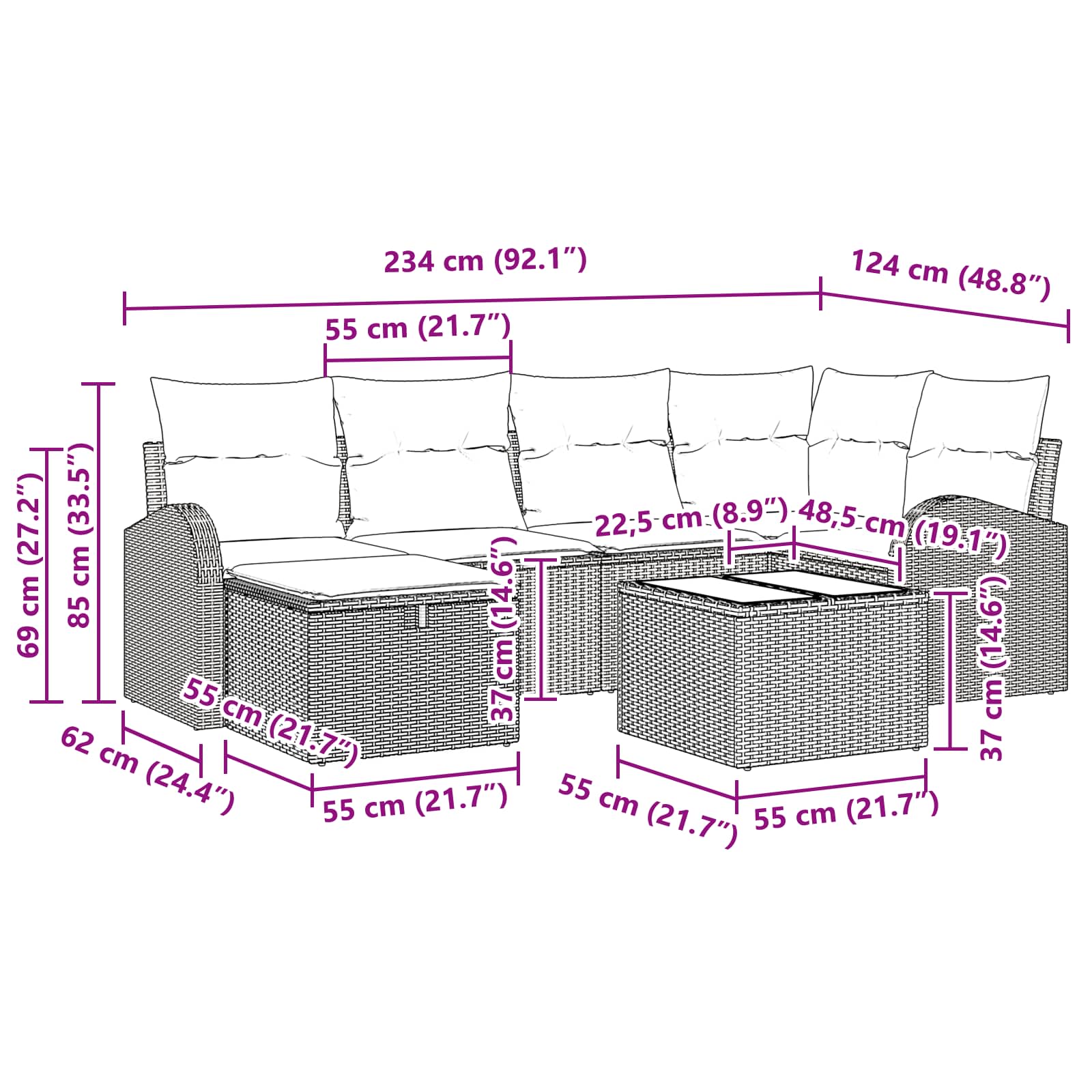 Sofa Set mit Kissen mit Speicher Braun und Rot Poly-Rattan