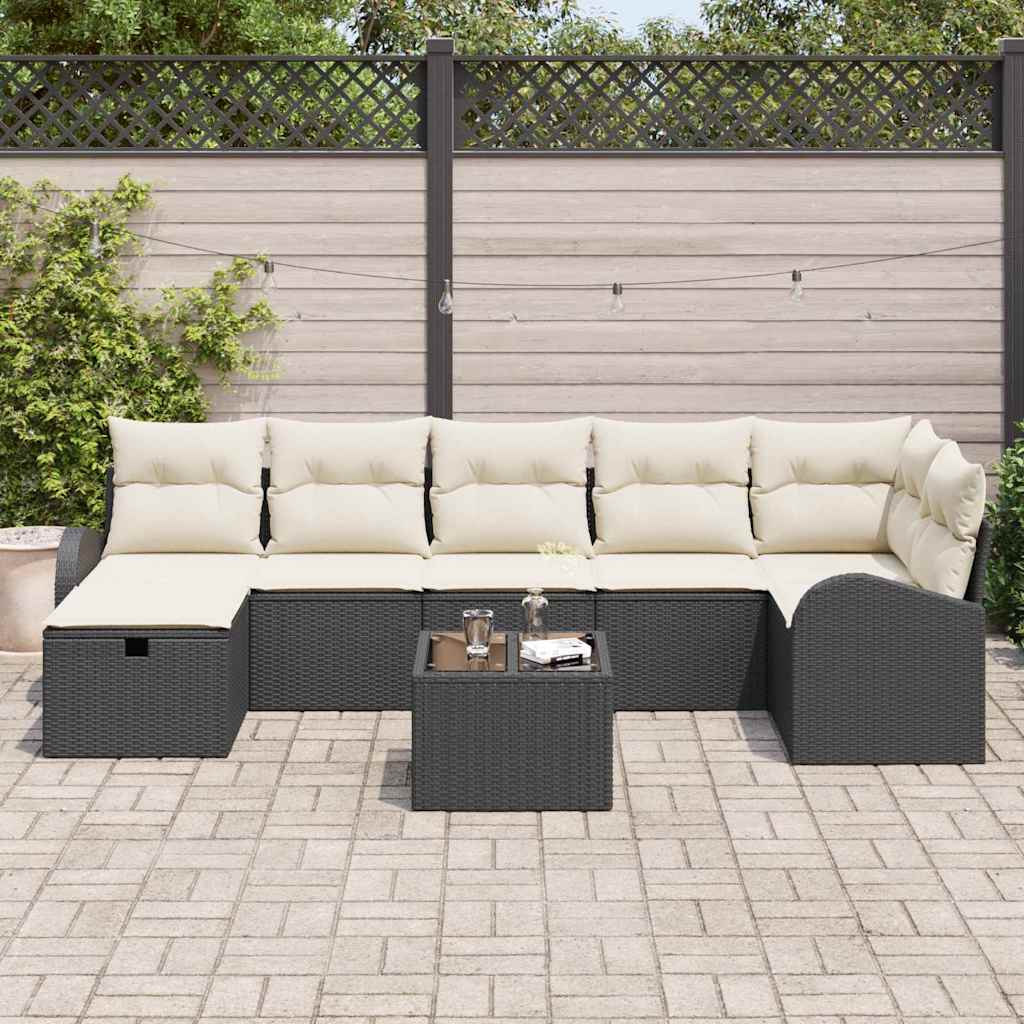 Sofa Set mit Kissen mit Speicher Schwarz und Creme Poly-Rattan