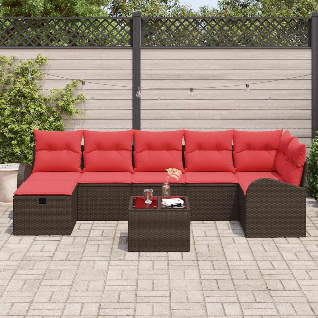 Sofa Set mit Kissen 8 pcs Braun und Rot Poly-Rattan