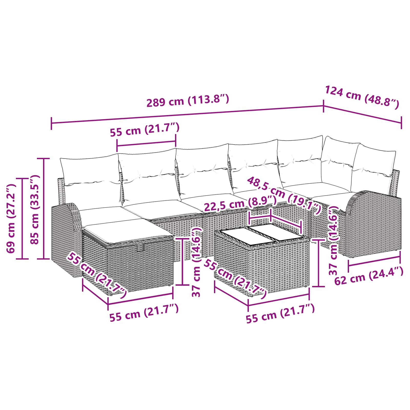 Sofa Set mit Kissen 8 pcs Braun und Rot Poly-Rattan