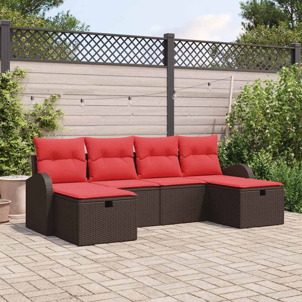 Sofa Set mit Kissen 6 pcs Braun und Rot Poly-Rattan