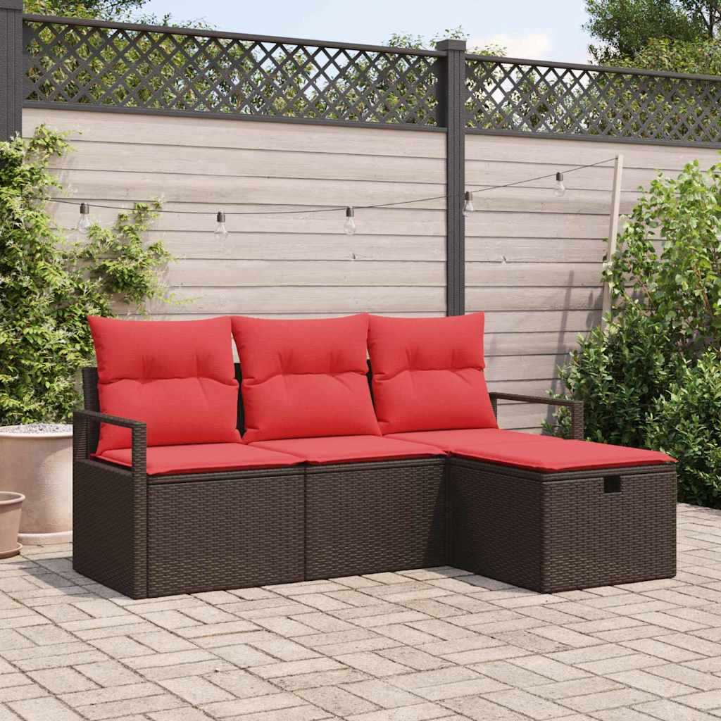 Sofa Set mit Kissen 4 pcs Braun und Rot Poly-Rattan