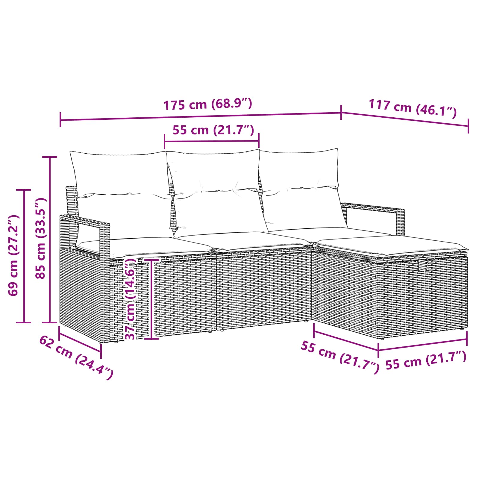 Sofa Set mit Kissen 4 pcs Grau und Marineblau Poly-Rattan