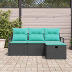 Sofa Set mit Kissen 4 pcs Schwarz und Türkis Poly-Rattan