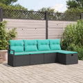 Sofa Set mit Kissen 5 pcs Schwarz und Türkis Poly-Rattan