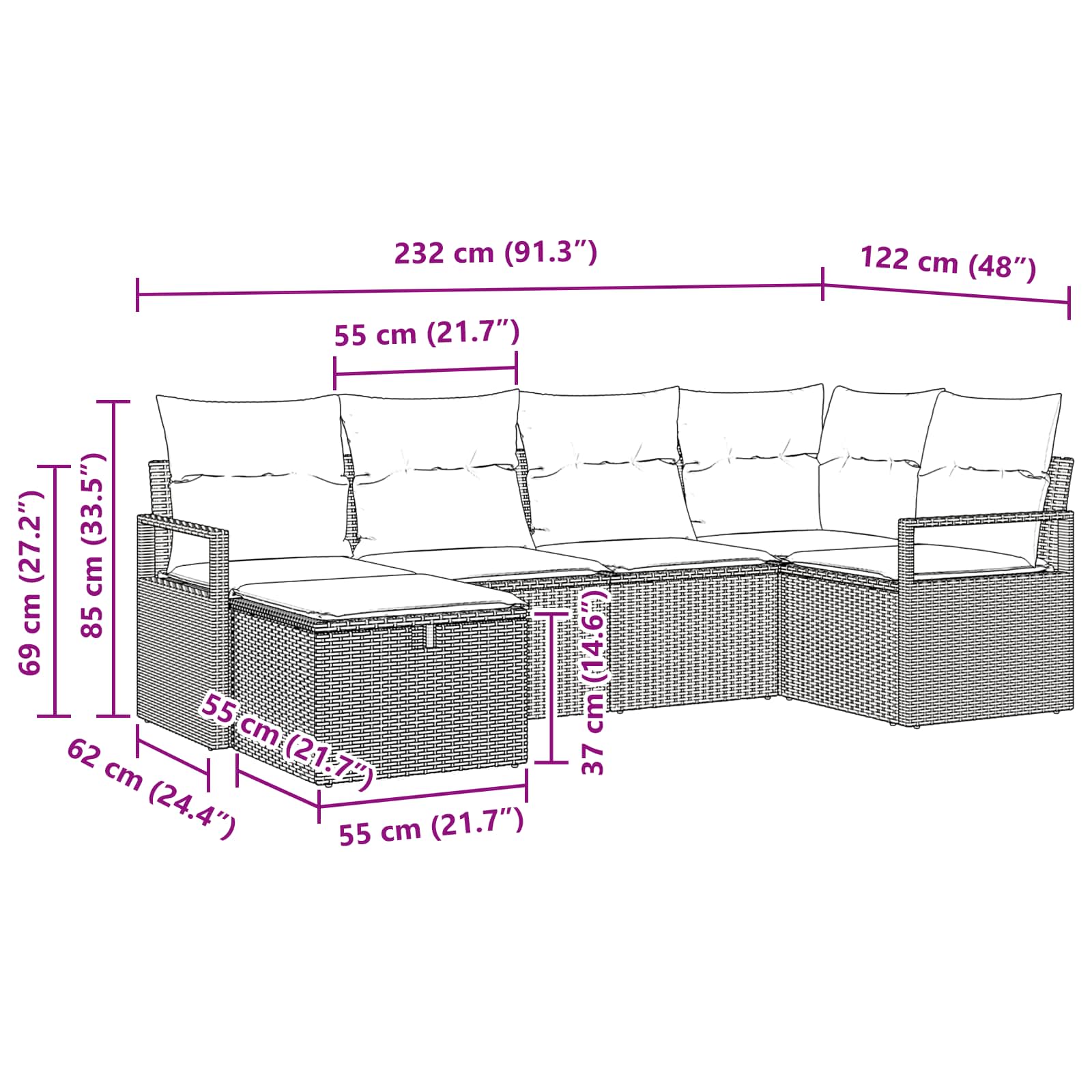 Sofa Set mit Kissen Grau und Marineblau Poly-Rattan