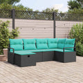 Sofa Set mit Kissen 6 pcs Schwarz und Türkis Poly-Rattan