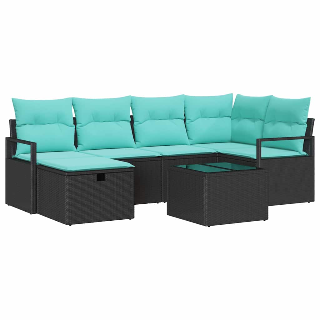 Sofa Set mit Kissen 7 pcs Schwarz und Türkis Poly-Rattan