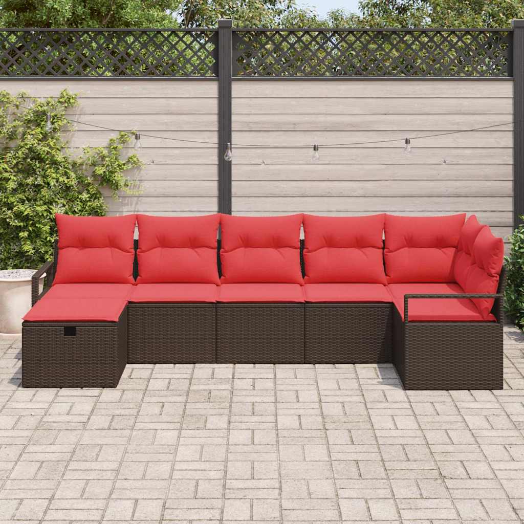 Sofa Set mit Kissen 7 pcs Braun und Rot Poly-Rattan