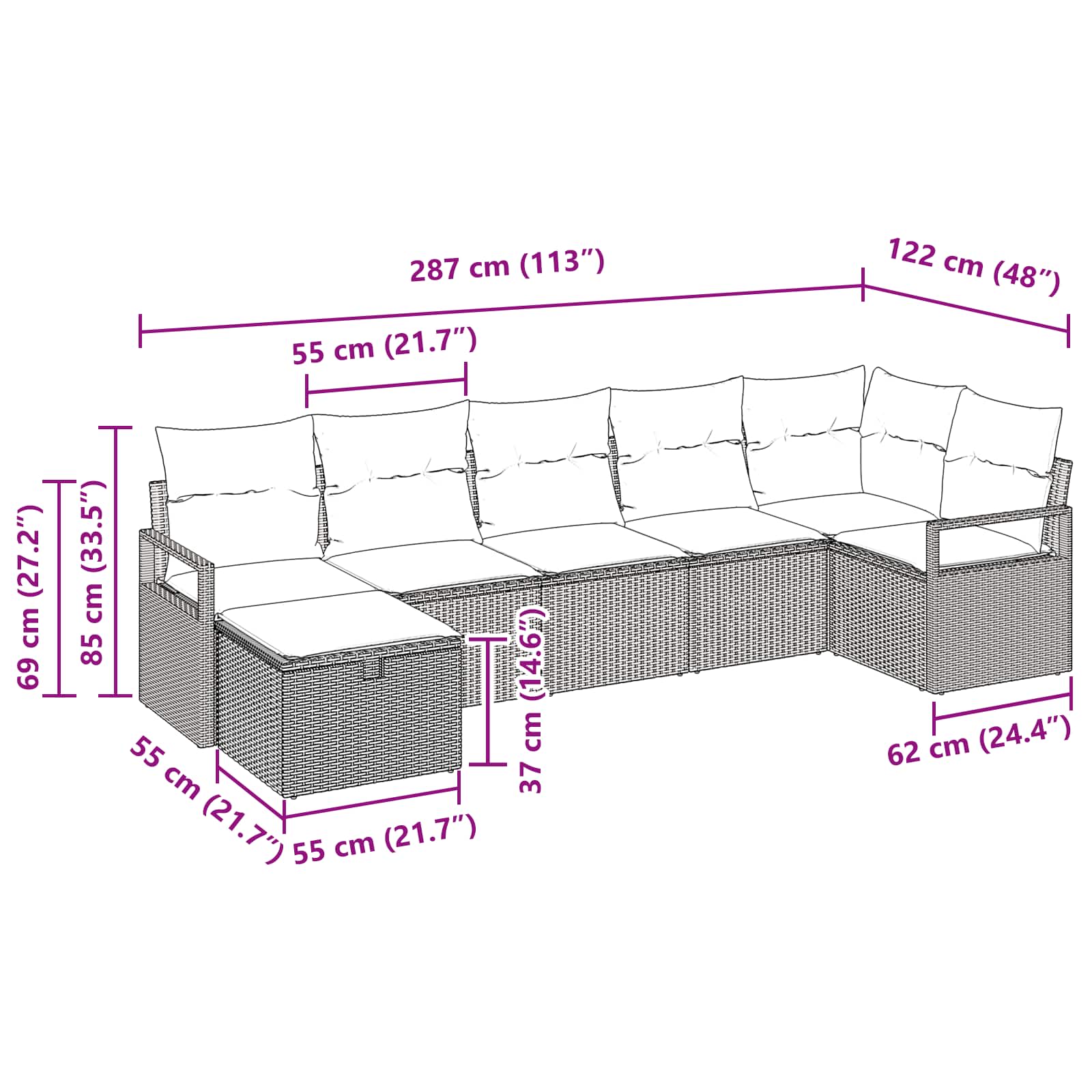 Sofa Set mit Kissen 7 pcs Schwarz und Türkis Poly-Rattan