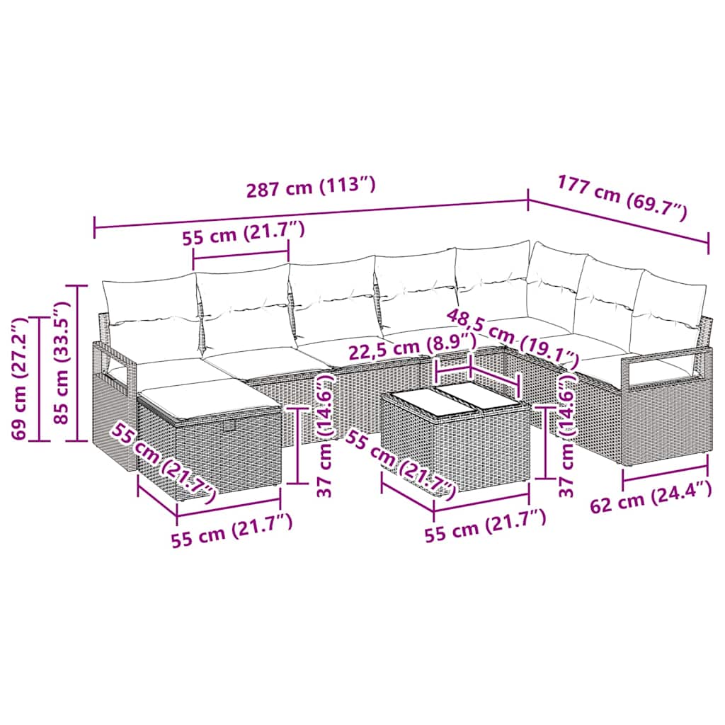Sofa Set mit Kissen 9 pcs Schwarz und Creme Poly-Rattan