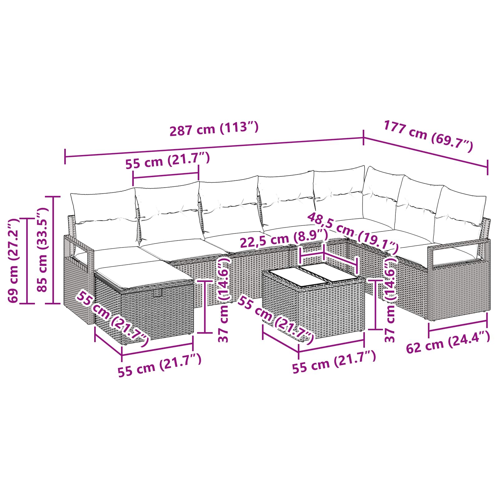 Sofa Set mit Kissen mit Speicher 9 pcs Braun Poly-Rattan