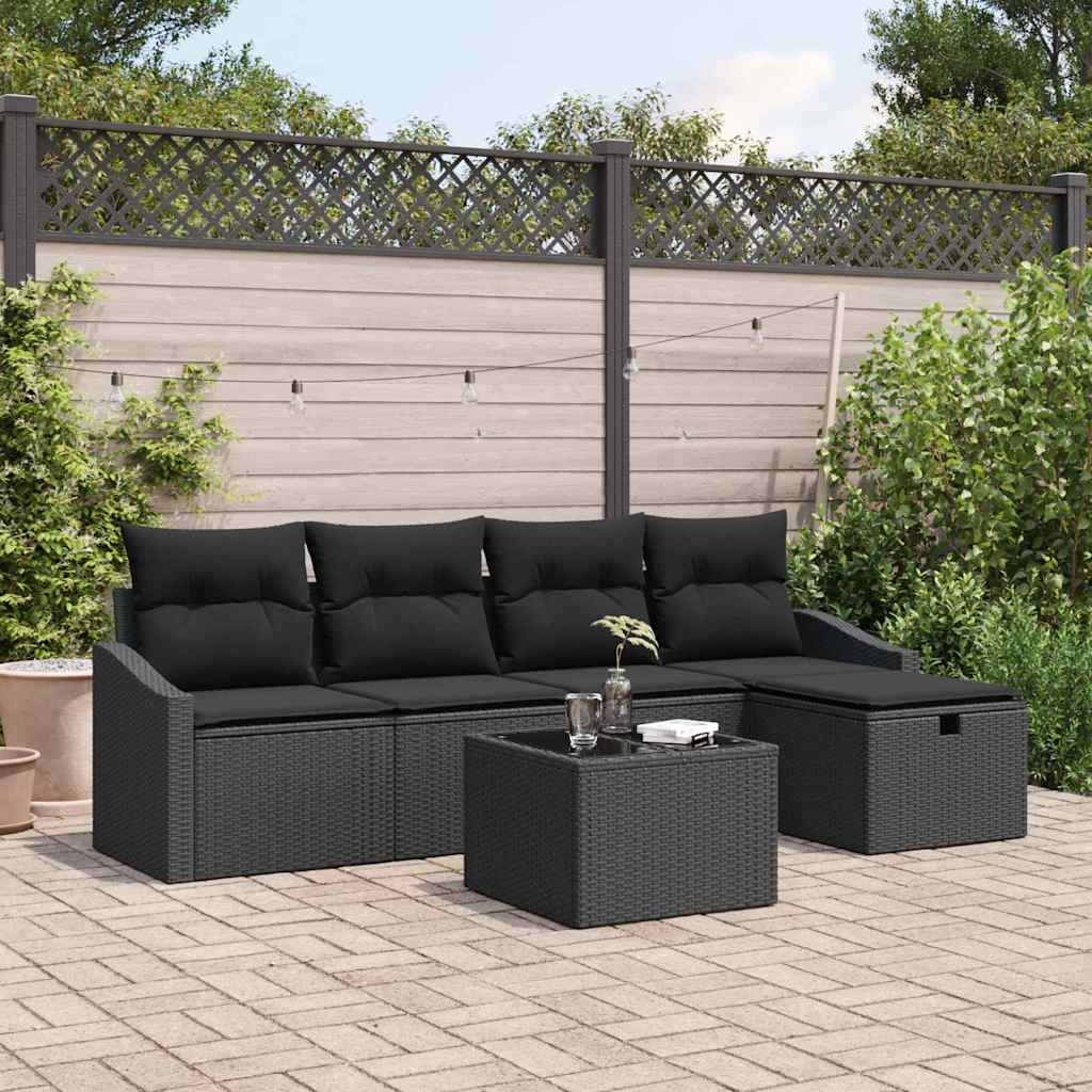 Sofa Set mit Kissen mit Speicher 6 pcs Schwarz Poly-Rattan
