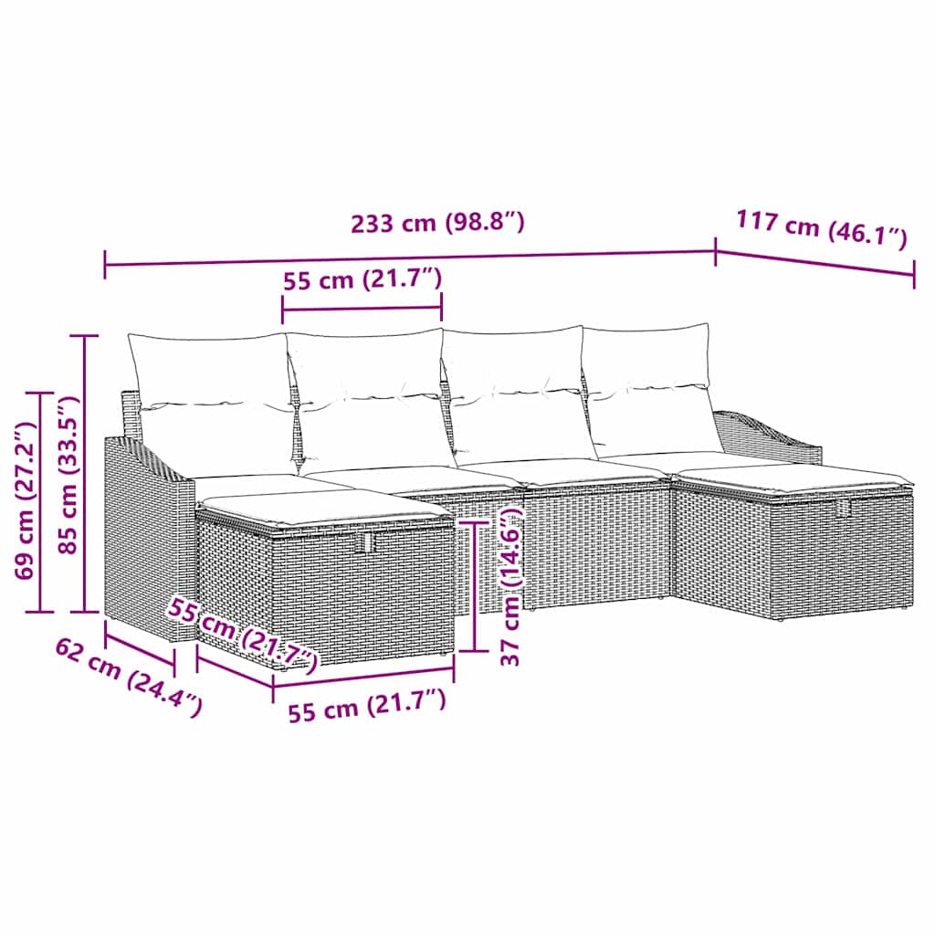 Gartensofa-set mit Kissen mit Speicher 6 pcs Poly-Rattan